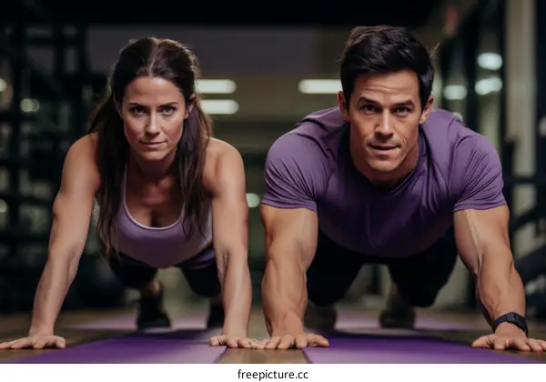A man and a woman doing push-ups on a mat in a gym