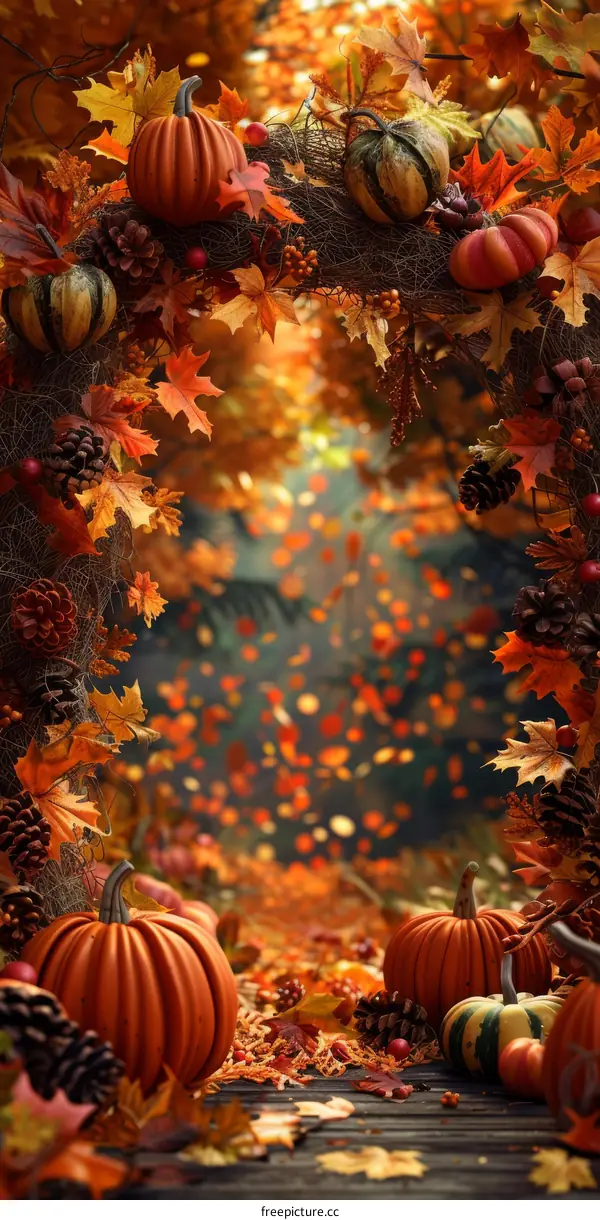 Fall Scenery with Pumpkins and Leaves