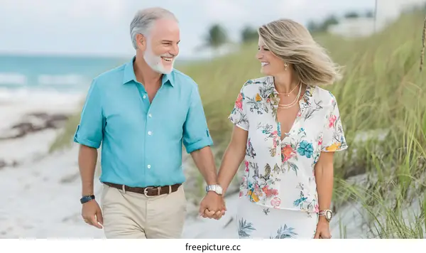 Smiling Couple Walking Hand in Hand on the Beach
