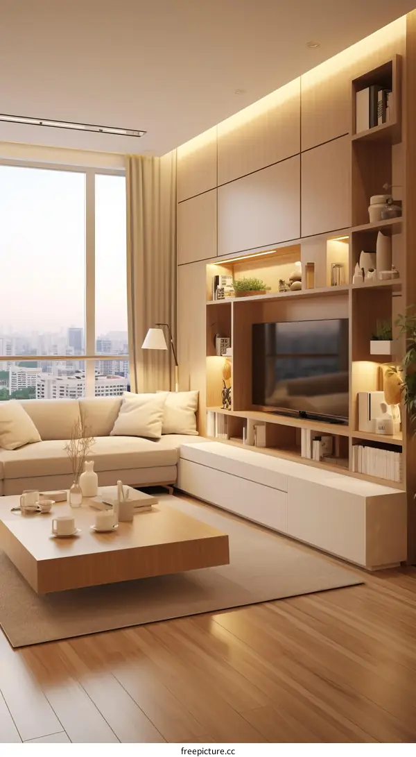 Modern and minimalist living room design with warm wood tones and large windows