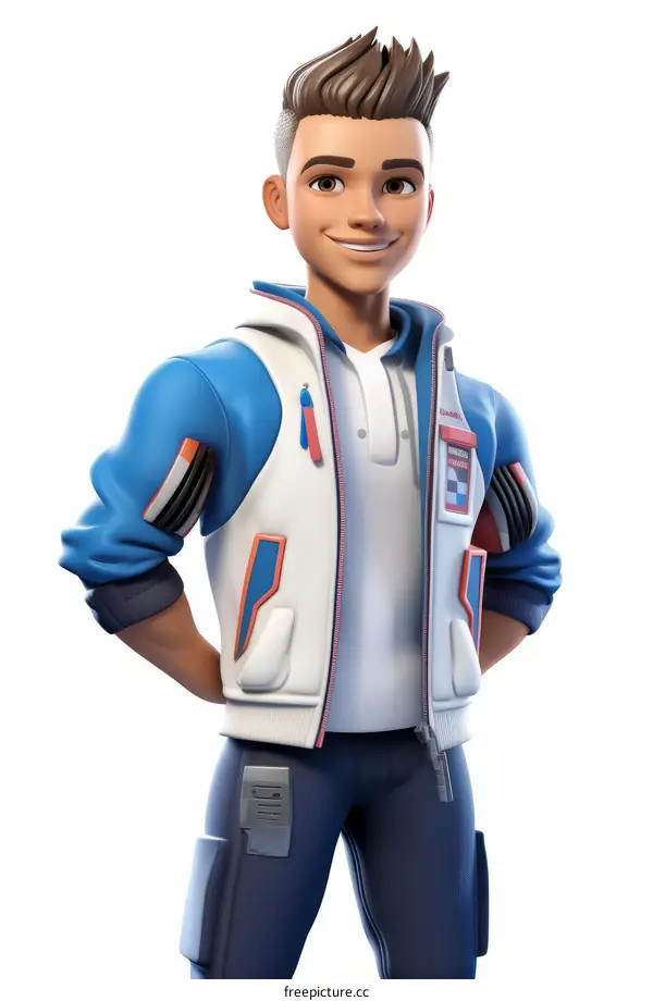 Smiling Young Man in Blue and White Jacket - 3D Illustration