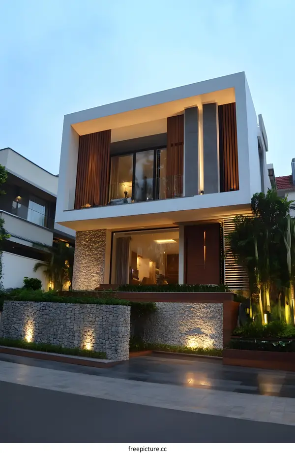 Modern House Exterior with Stone Wall and Wooden Accents