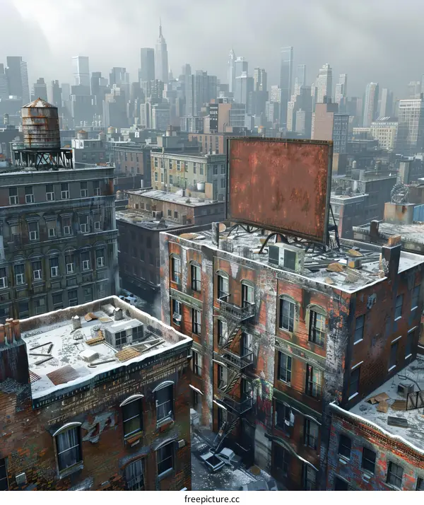 A run-down cityscape with a large advertisement in the foreground