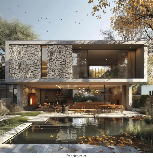 Modern House Exterior With Natural Stone Wall And Large Glass Windows