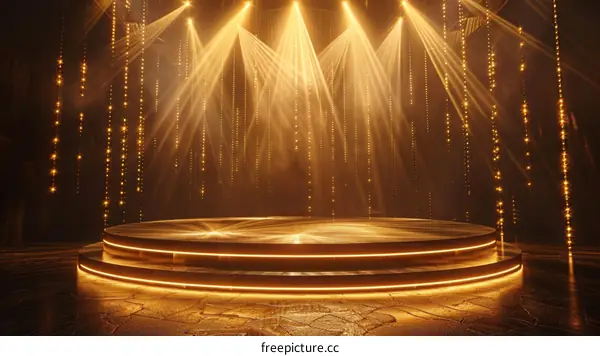 Golden stage with spotlights and glowing particles