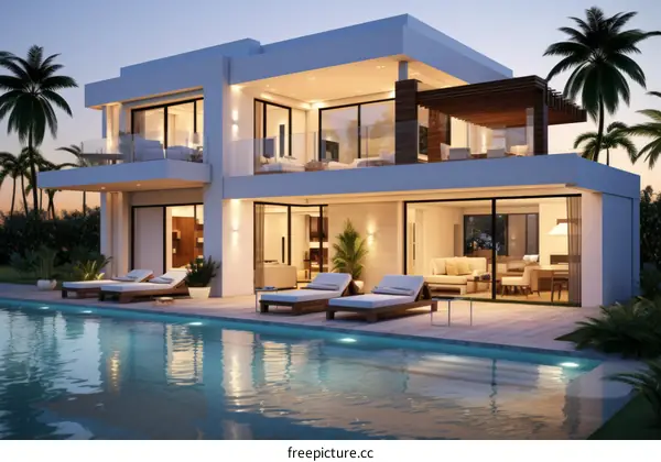 Luxury Modern Villa with Pool and Palm Trees at Sunset