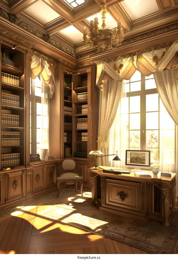 Luxury Wooden Library Room with Ornate Details and Chandelier