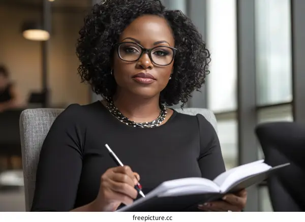 Focused Black Businesswoman Taking Notes in Office