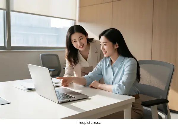 Two Business Women Discussing Project on Laptop in Office