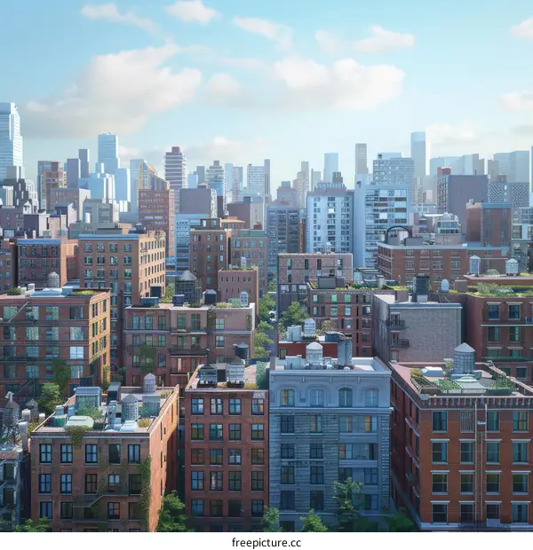 Aerial View of New York City Skyline with Green Roofs