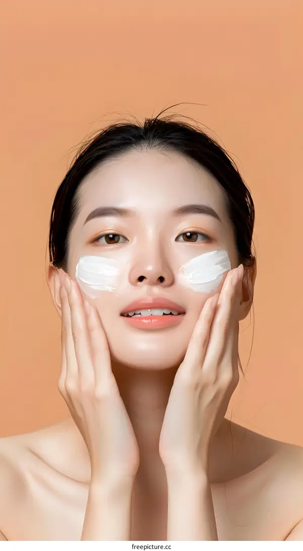 Beautiful Asian Woman Applying Face Cream on Peach Background