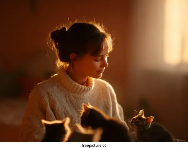 Woman and Kittens in Golden Sunlight