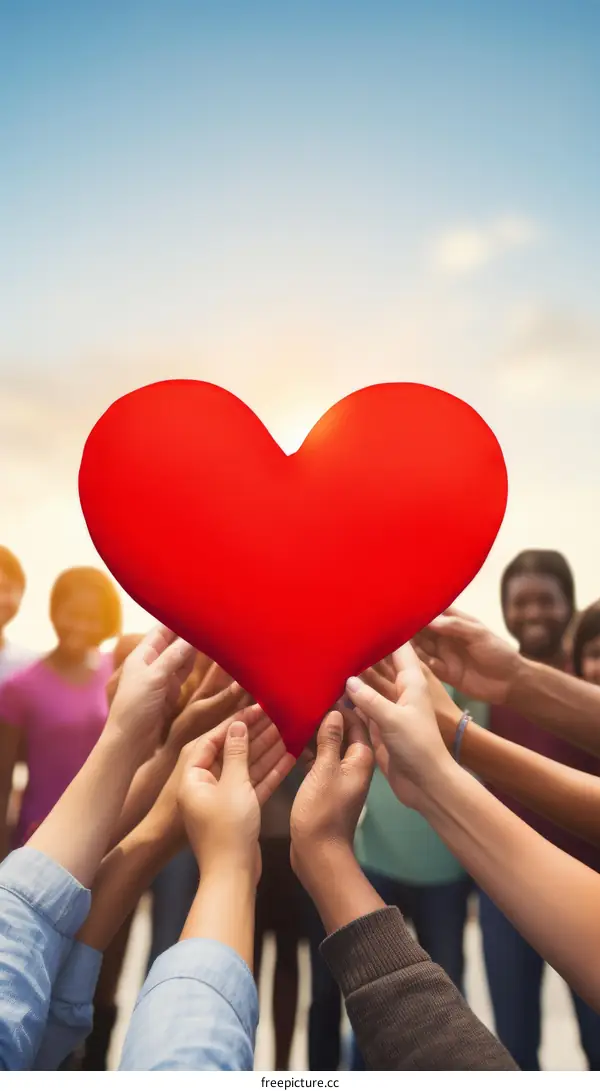 Multiracial group of people holding up a red heart in the air