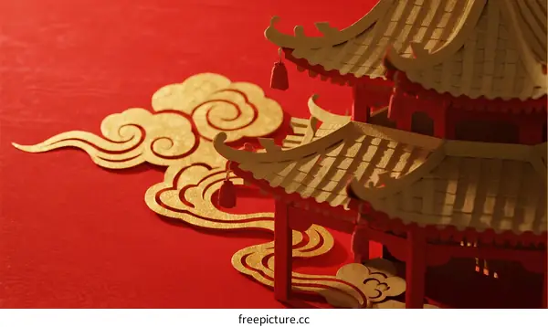 Traditional Chinese Pavilion Decoration with Cloud Patterns on Red Background