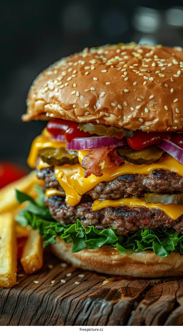 A delicious double cheeseburger with fries