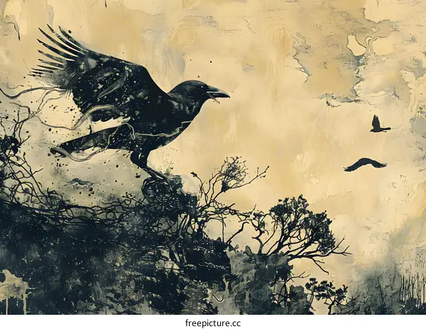 Black and White Raven Illustration with a Vintage Texture