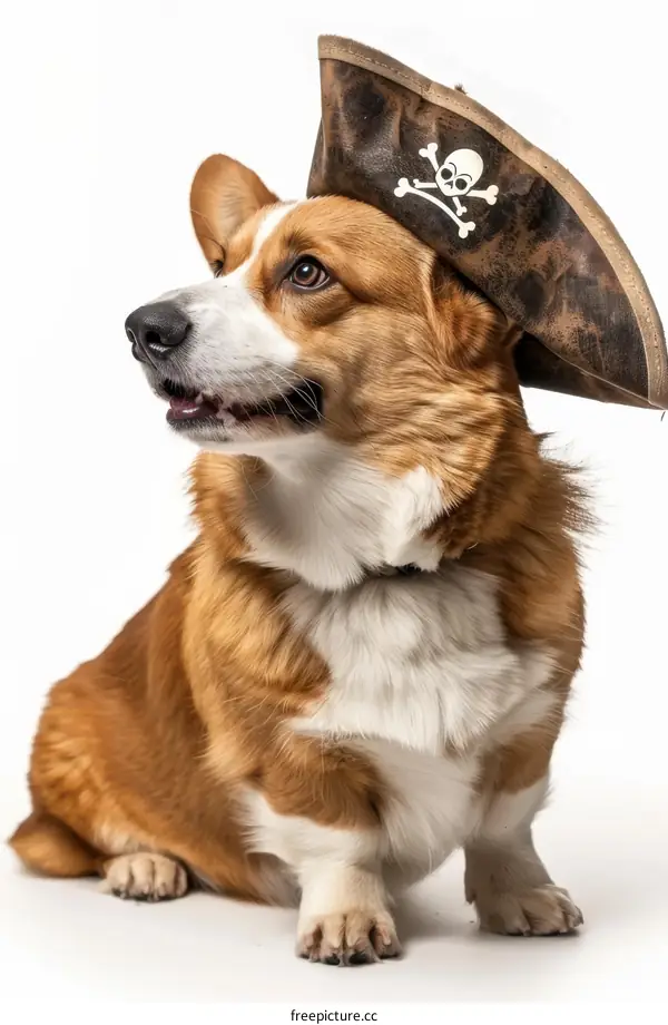 A cute corgi dog wearing a pirate hat