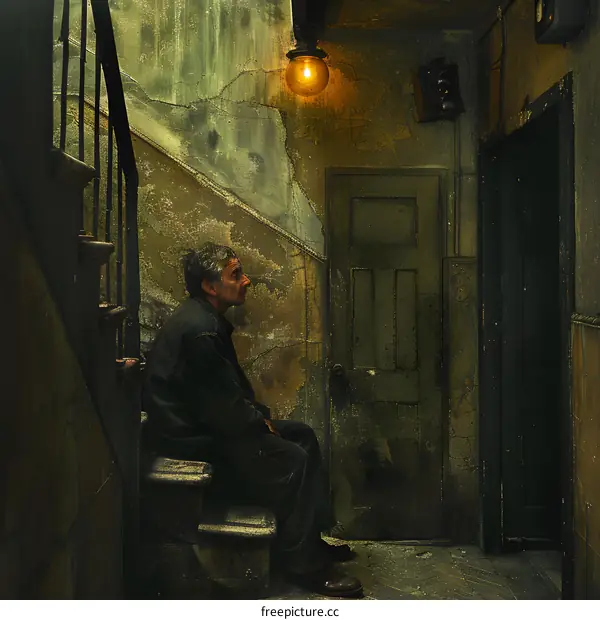 A man sits on the stairs in a dark hallway