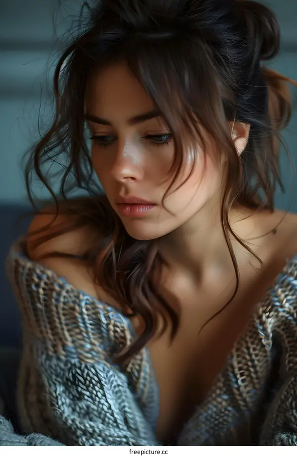 Beautiful Woman with Wavy Brown Hair Wearing a Knitted Sweater