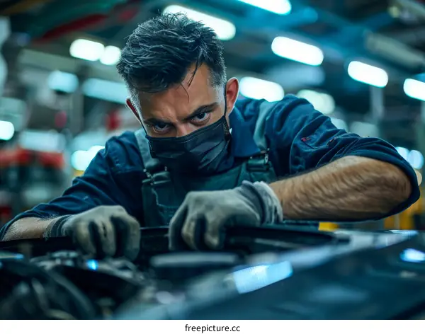 mechanic wearing mask repairing car engine
