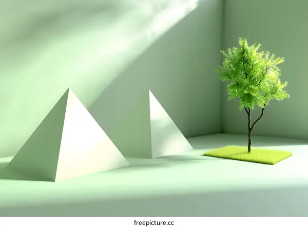 Green Minimalist Space with Tree and Pyramids