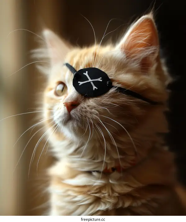A ginger cat wearing an eye patch with a skull and crossbones on it