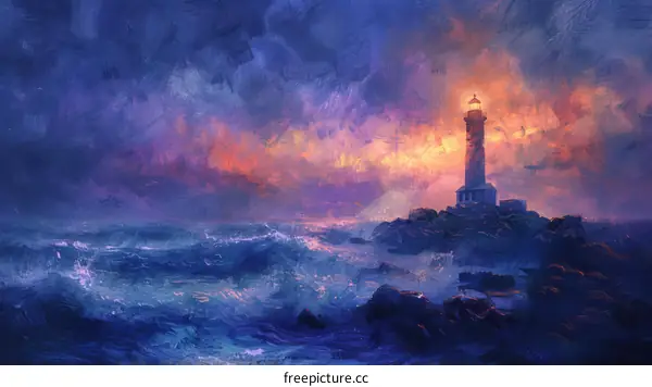 A Rocky Lighthouse Overlooking the Stormy Sea at Night