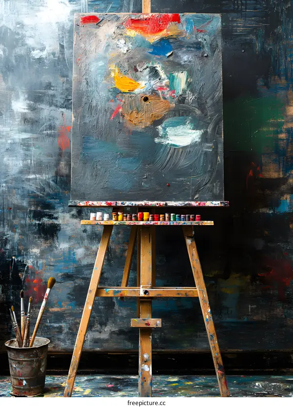 Abstract Painting On Easel With Paint Tubes In The Studio