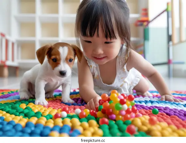 Asian toddler girl playing with a puppy on a colorful play mat