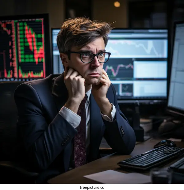 worried businessman looking at computer screens