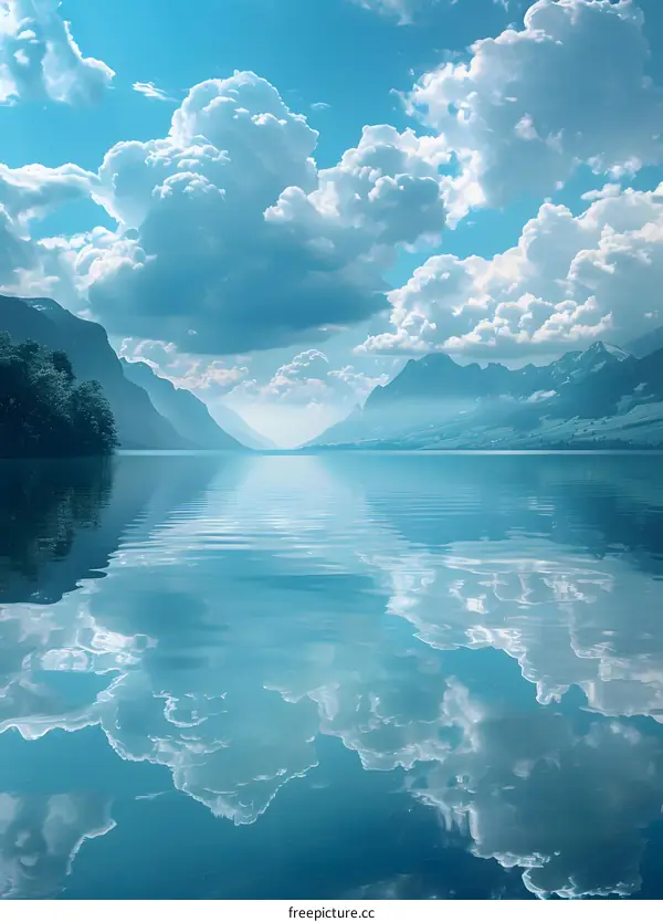 The lake reflects the blue sky and white clouds