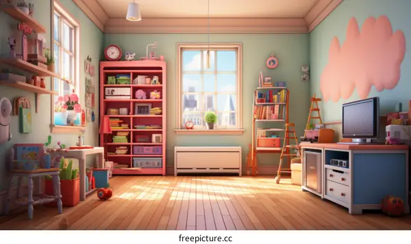 Cozy pink and blue themed child's room with lots of toys and books