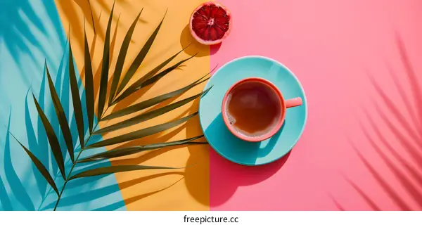Summer Coffee With Palm Leaves And Orange Slice On Colorful Background
