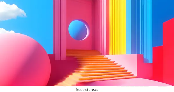 Abstract 3D Illustration of a Pink and Blue Building with Stairs and a Circle