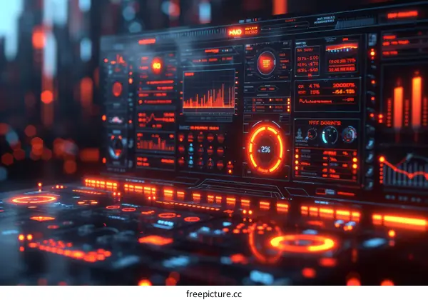 Futuristic dashboard control panel with graphs, charts, and data analysis in red and blue colors