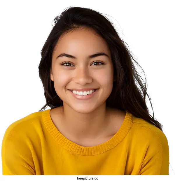 [Transparent Background PNG]Portrait of a Smiling Young Woman with Long Dark Hair