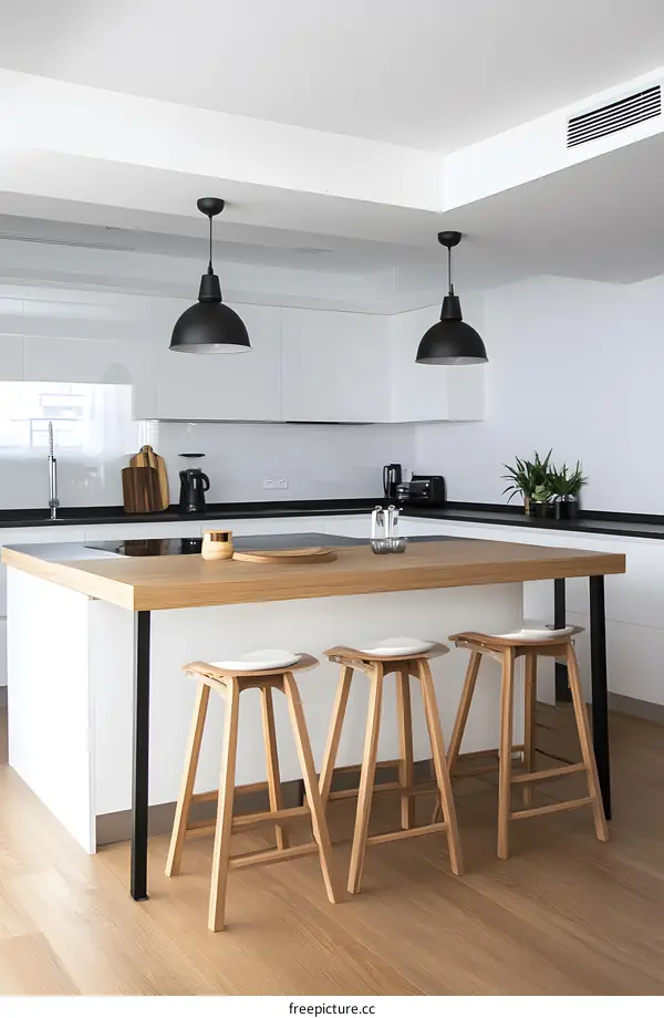 Modern Kitchen Interior Design With White Cabinets And Wooden Countertop