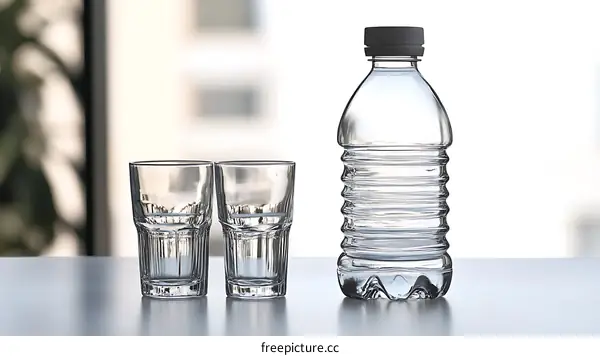 Two Empty Glasses and a Water Bottle on a Table