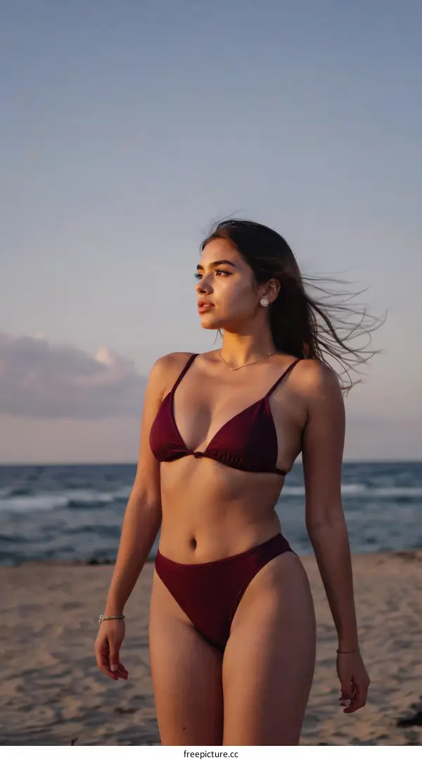 Beautiful Woman in Red Bikini on Beach Sunset
