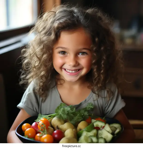 Little Girl Holding Bowl of Vegetables