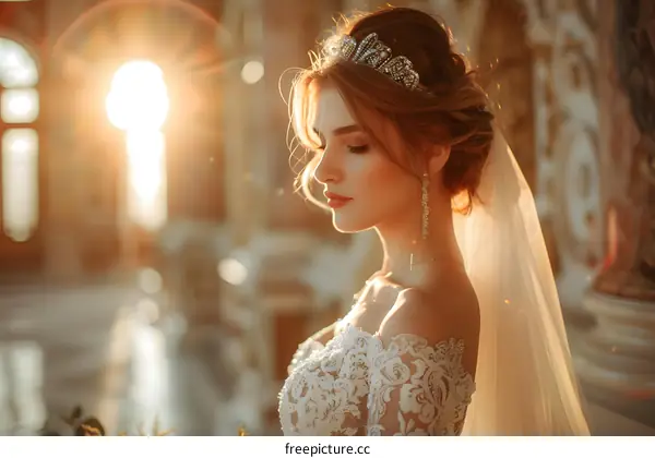 The bride is waiting for the groom in the magnificent wedding hall