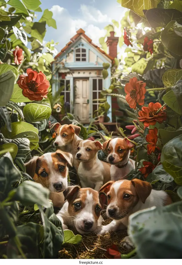 A group of curious puppies in a lush garden