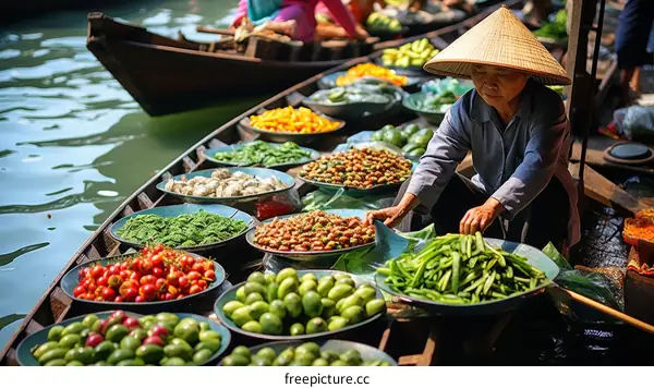 A Vietnamese woman sells produce from her boat in a floating market.