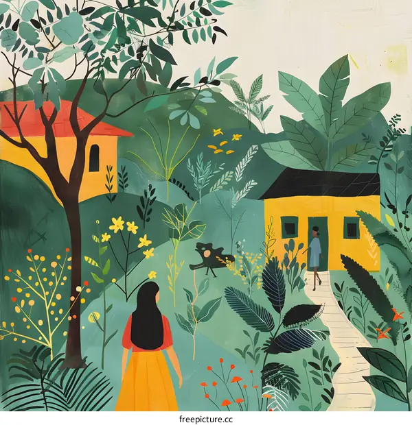 Woman Walking Through Lush Green Garden With Two Houses