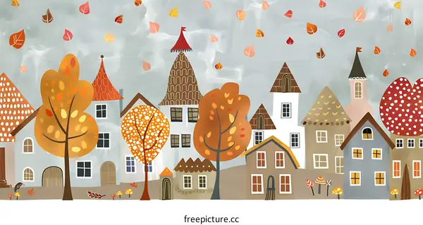 Autumn Village Illustration with Colorful Houses and Falling Leaves