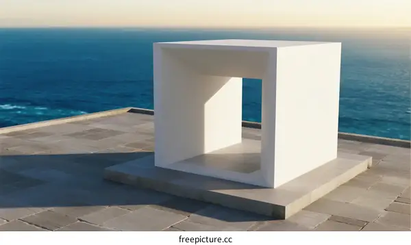 White Minimalist Cube Sculpture by Seaside