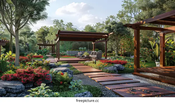 Wooden Gazebo and Flower Beds Enhance Garden's Beauty