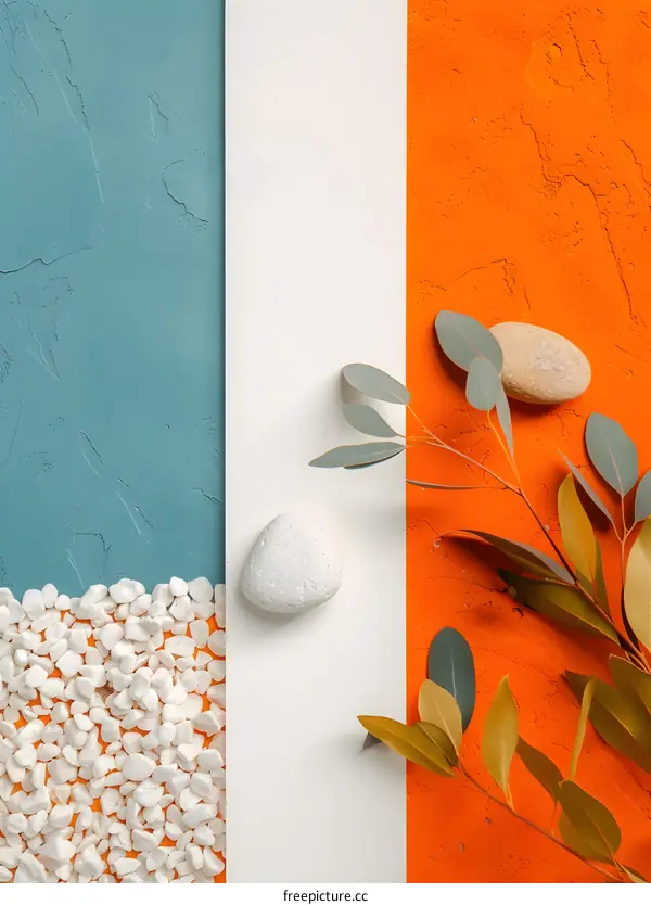 Abstract Minimalist Composition With Stones And Eucalyptus Leaves On A Blue, White And Orange Background