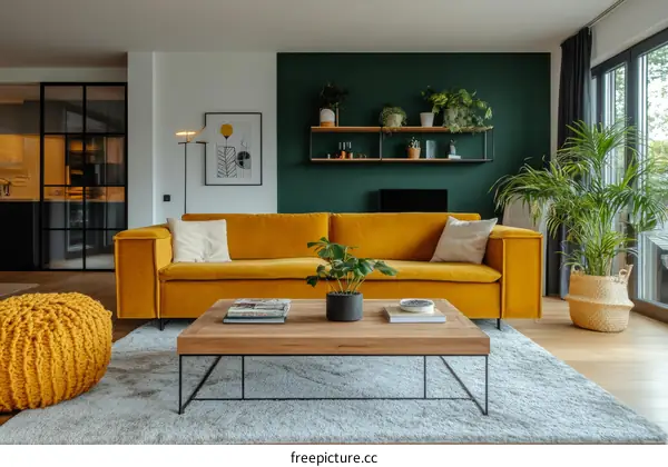 Modern Living Room Interior Design with Mustard Yellow Sofa