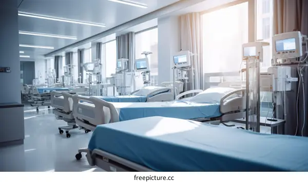 An illustration of a hospital room with empty beds and medical equipment